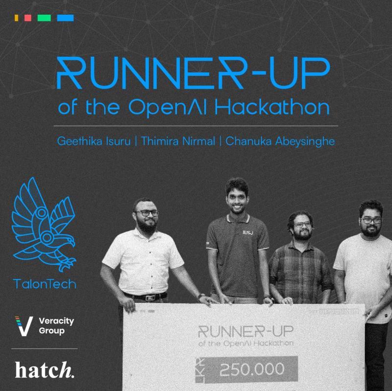 TalonTech holding the LKR 250,000 runner-up cheque at the AI Hackathon by Veracity Group and Hatch